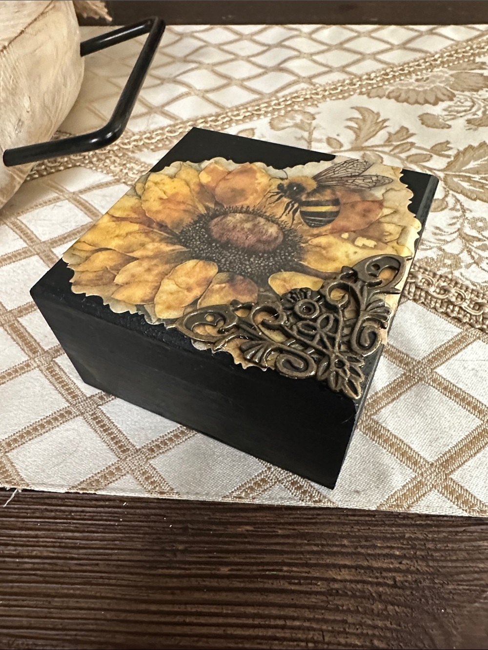 Hand crafted trinket box yellow sunflower and bee wooden